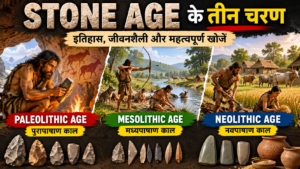Paleolithic, Mesolithic and Neolithic Age showing Stone Age humans, tools and lifestyles