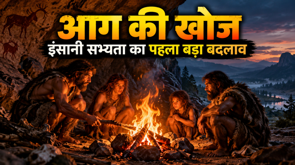 आग की खोज: इंसानी सभ्यता का पहला बड़ा बदलाव (Discovery of Fire) 1 आग की खोज - शुरुआती मानव आग के आसपास बैठकर गर्मी और रोशनी प्राप्त करते हुए।