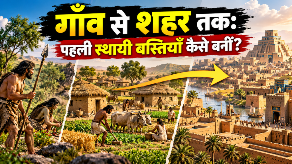 प्राचीन मानव बस्ती से गाँव और शुरुआती शहरों के विकास का दृश्य