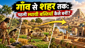 प्राचीन मानव बस्ती से गाँव और शुरुआती शहरों के विकास का दृश्य