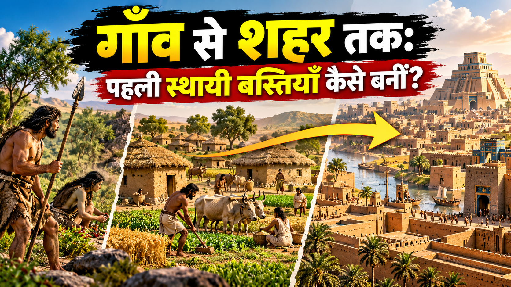 प्राचीन मानव बस्ती से गाँव और शुरुआती शहरों के विकास का दृश्य